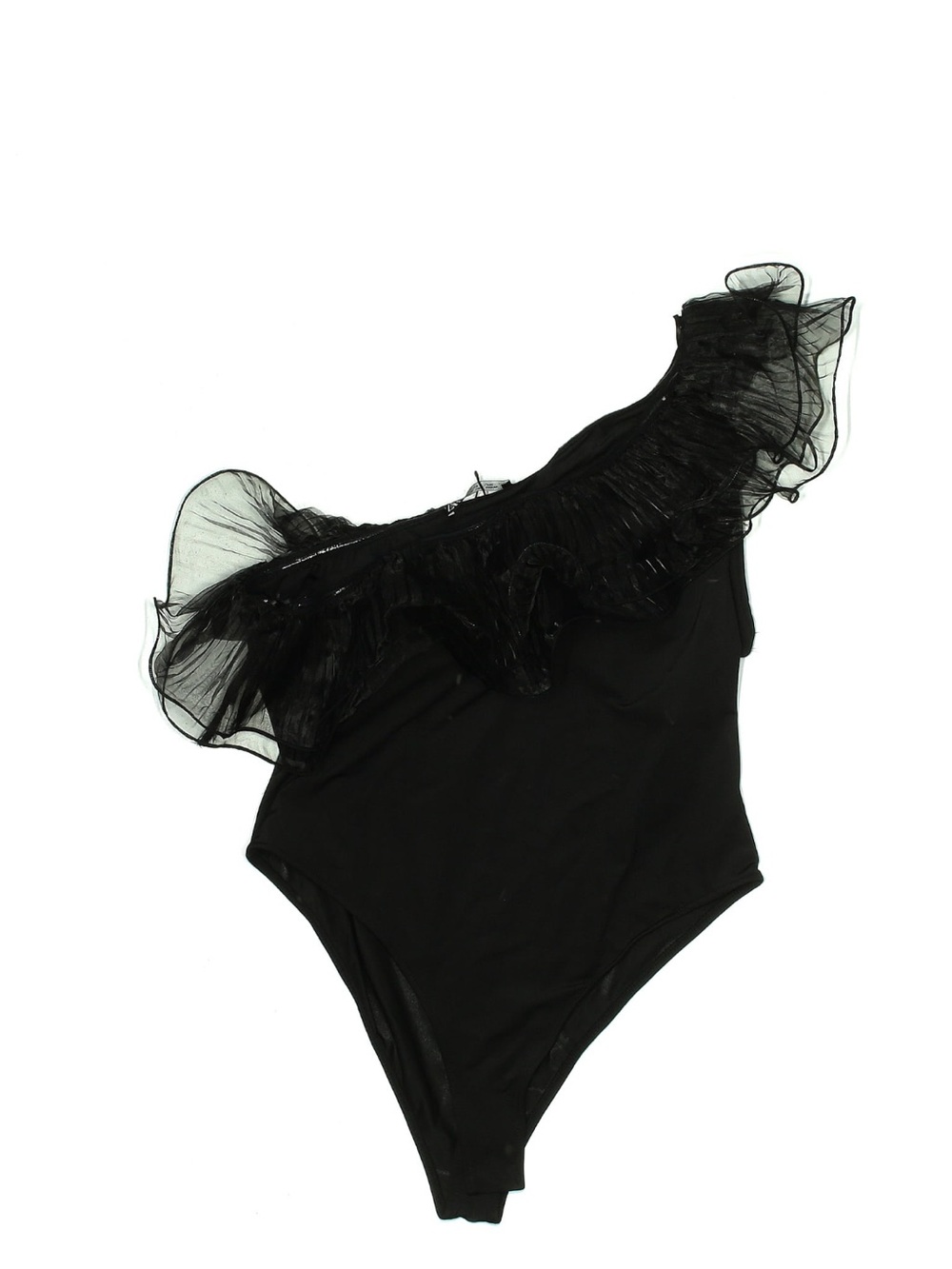 Zara One-Shoulder Black Ruffle Tank  Bodysuit L
